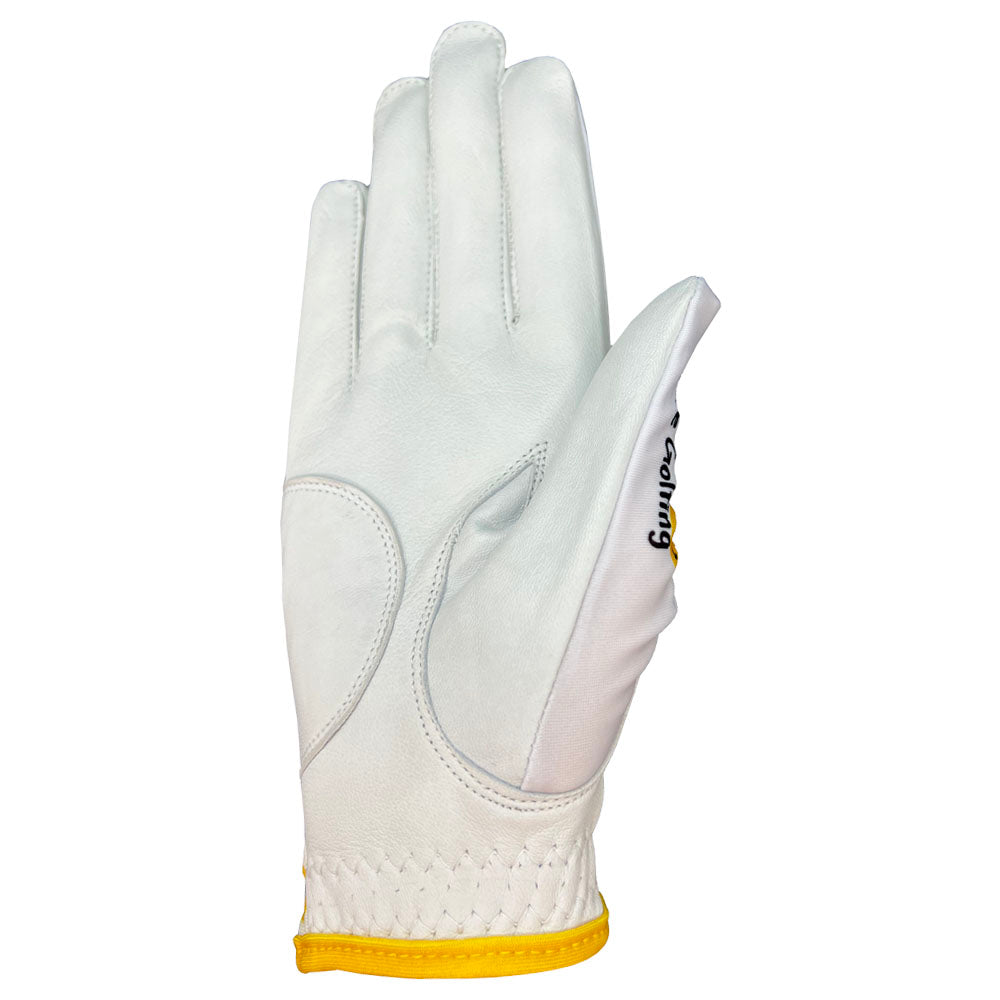 Women's happy face glove with white palm on white background.