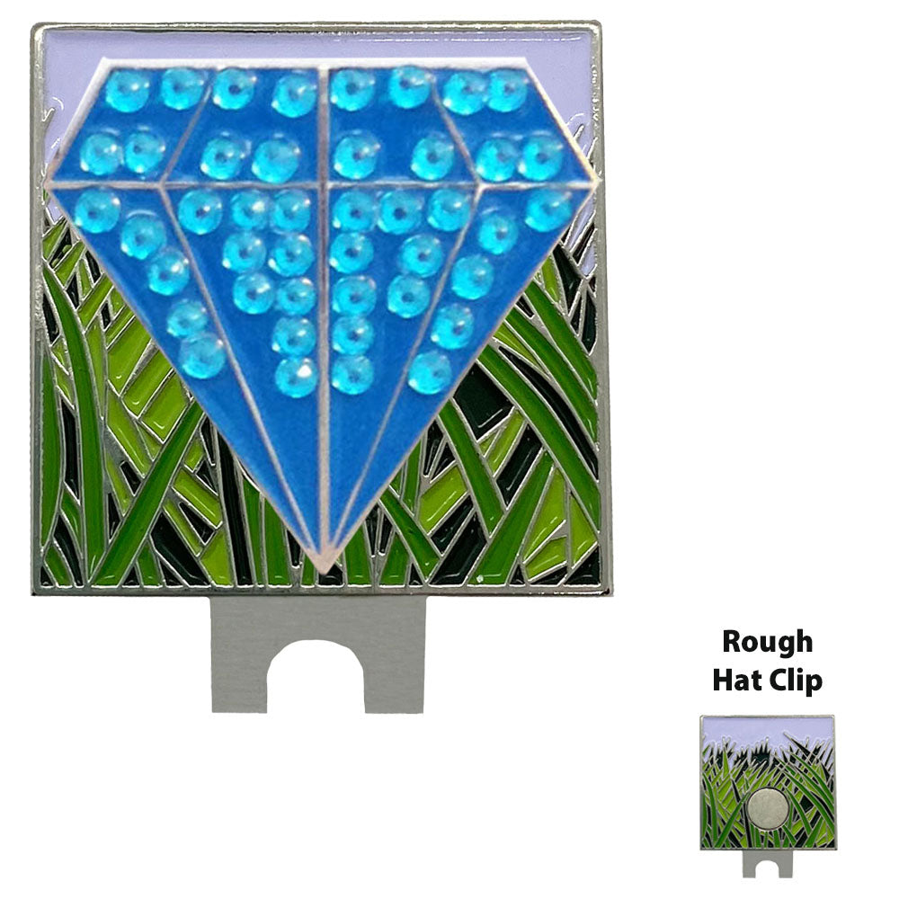 Pretty Blue Diamond shaped golf ball marker with crystal accents on a grass/rough clip. Stylish design for women golfers.