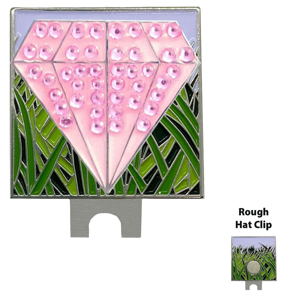 Pretty Pink Diamond shaped golf ball marker with crystal accents on a grass/rough clip. Stylish design for women golfers.