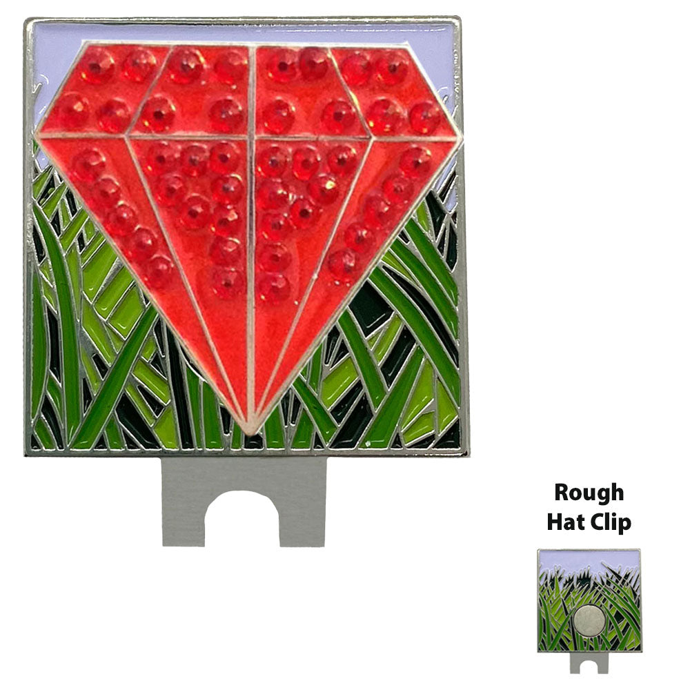 Pretty Red Diamond shaped golf ball marker with crystal accents on a grass/rough clip. Stylish design for women golfers.