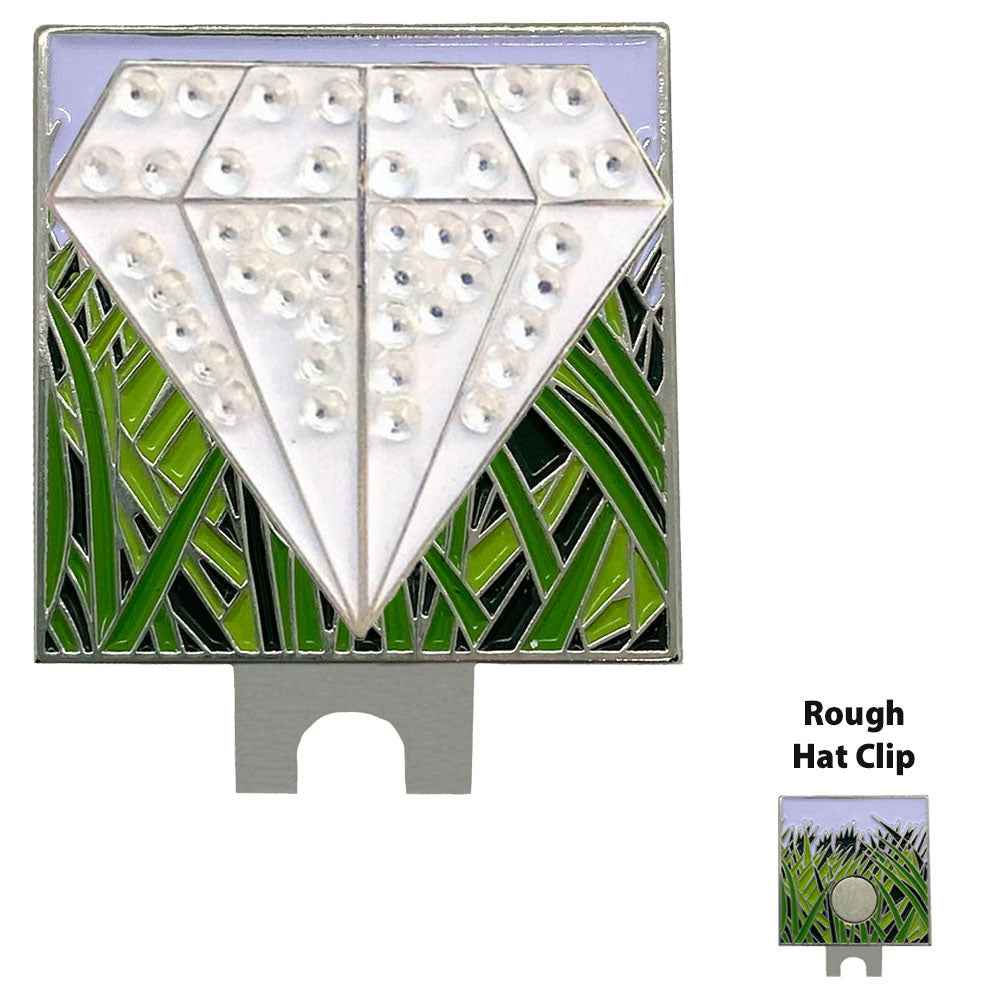 Pretty White Diamond shaped golf ball marker with crystal accents on a grass/rough clip. Stylish design for women golfers.
