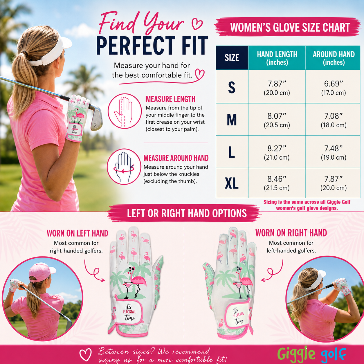 Women's golf glove size chart with measuring guide and left or right hand glove options.
