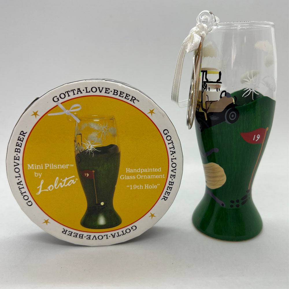 Lolita 19th Hole hand-painted beer glass Christmas ornament holiday golf decor