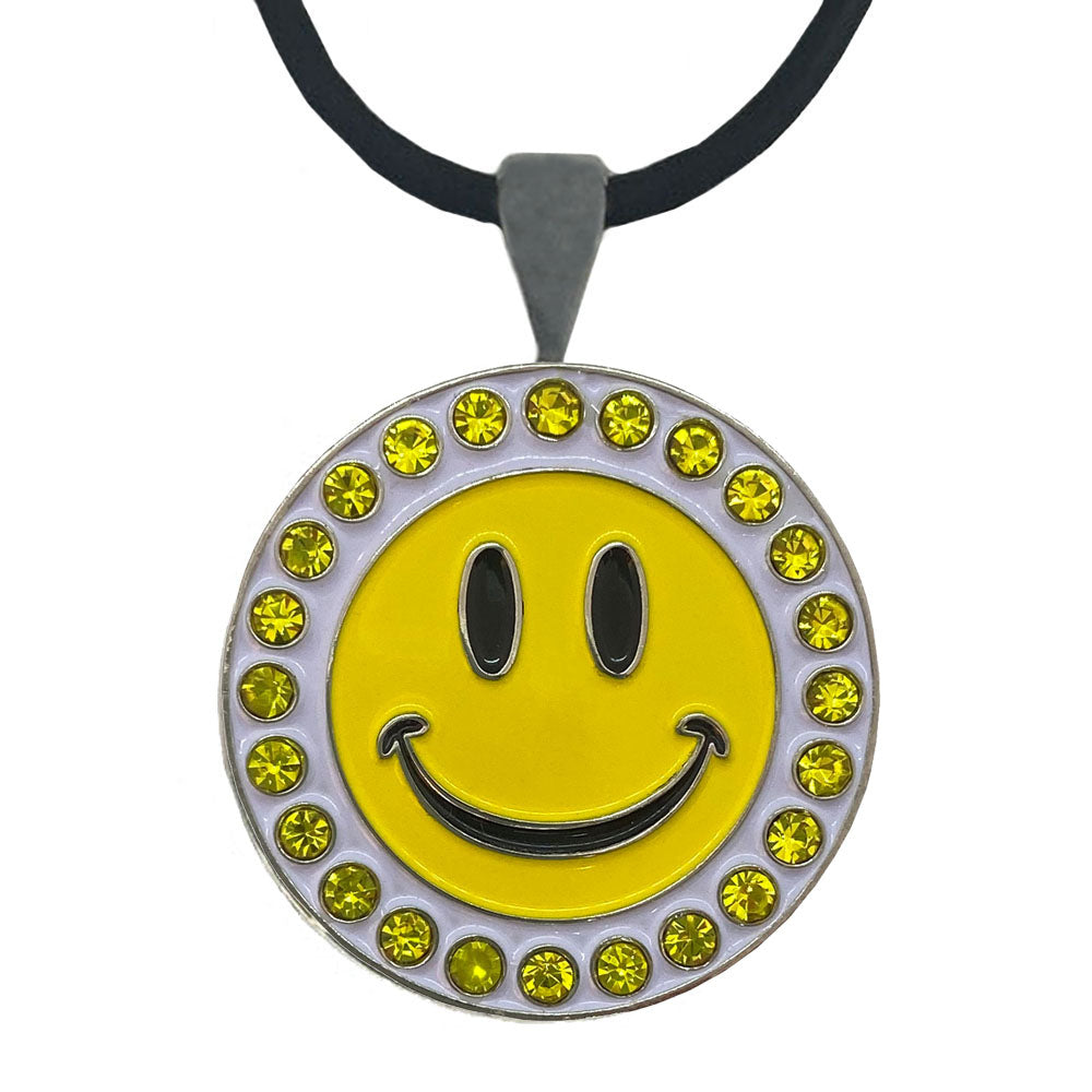 Yellow Happy Face ball marker necklace. Vibrant yellow crystal accents make this Joyful design a must for women golfers.
