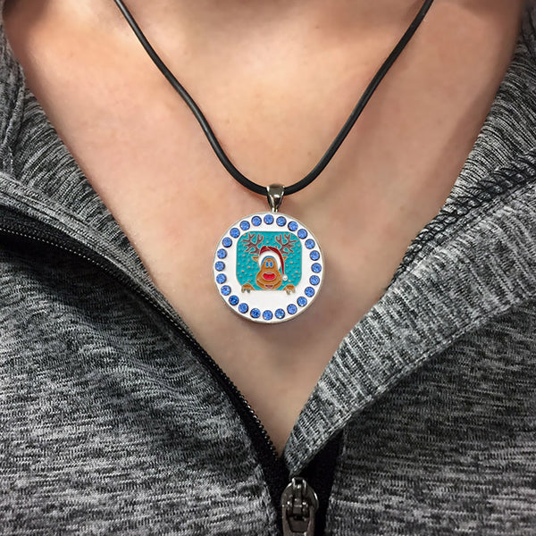 A Woman Wearing The Giggle Golf Bling Reindeer Ball Marker Necklace