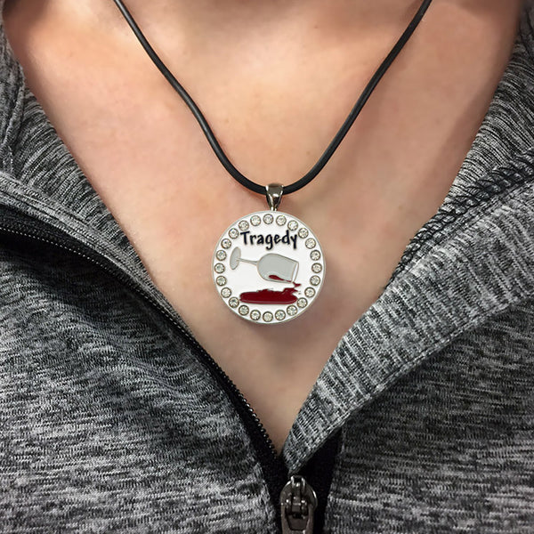 A Woman Wearing The Giggle Golf Bling Tragedy Ball Marker Necklace