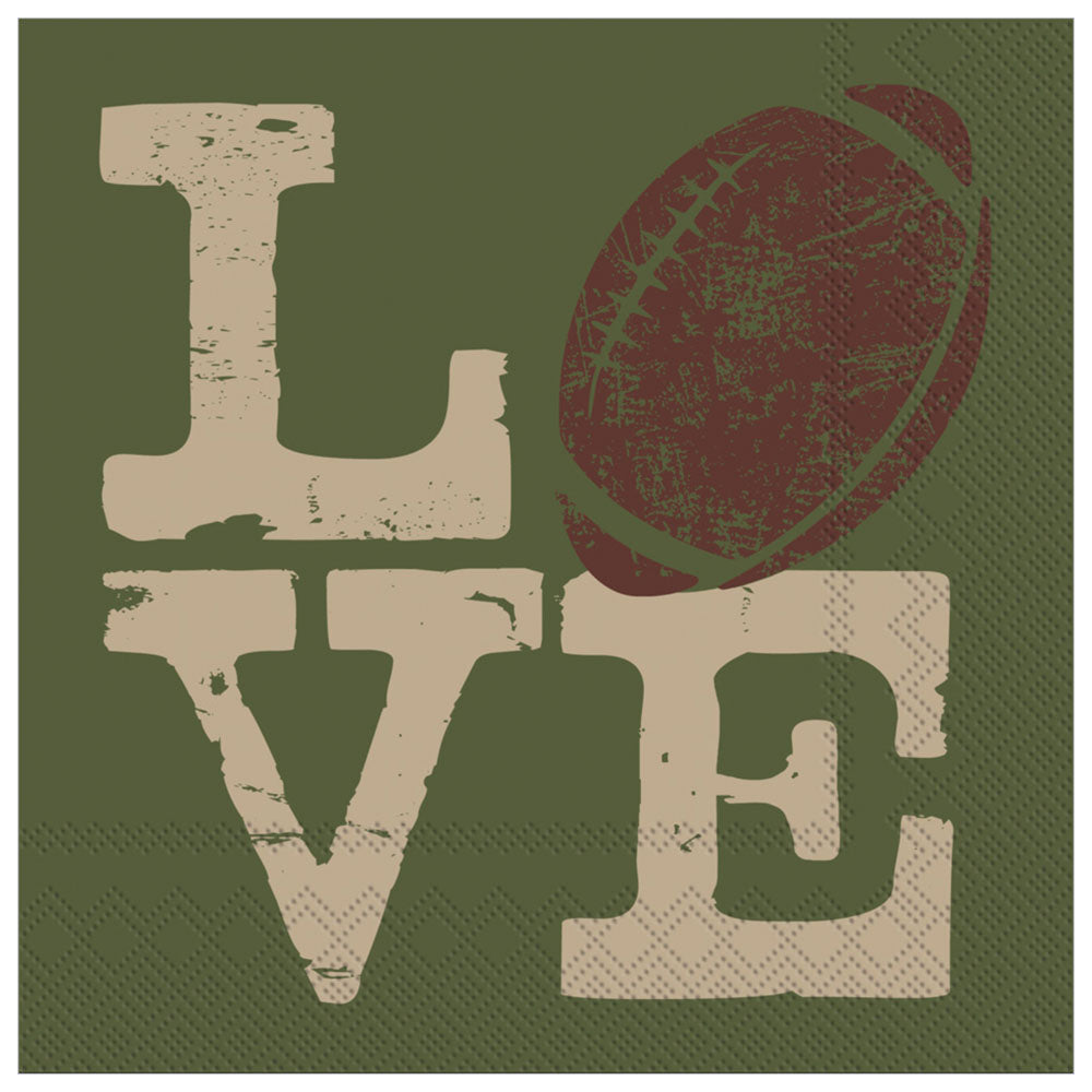 Football Love cocktail napkins, dark green with “Love” design — ideal for tailgates & sports obsessed parties.