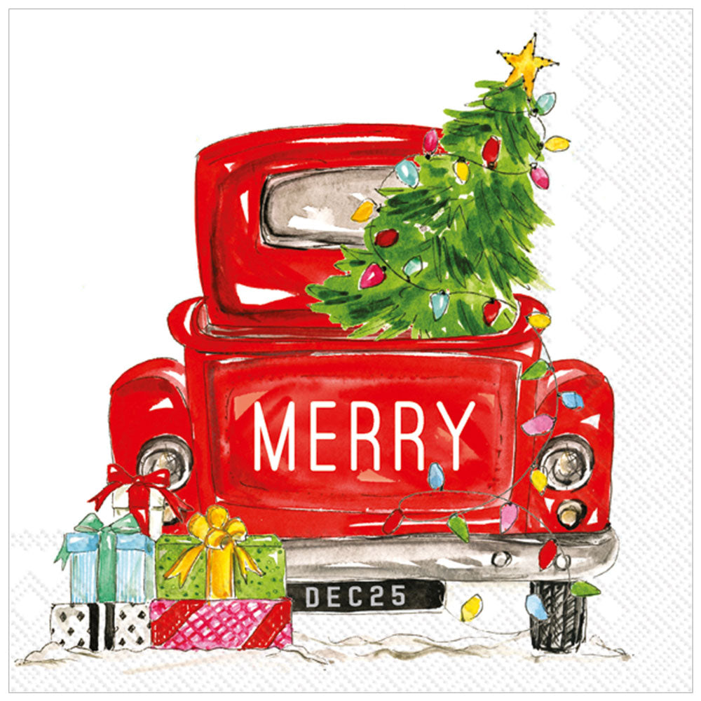 Red pickup truck with Christmas tree and lights on festive cocktail napkins—20 pack holiday fun meets spill proof style.