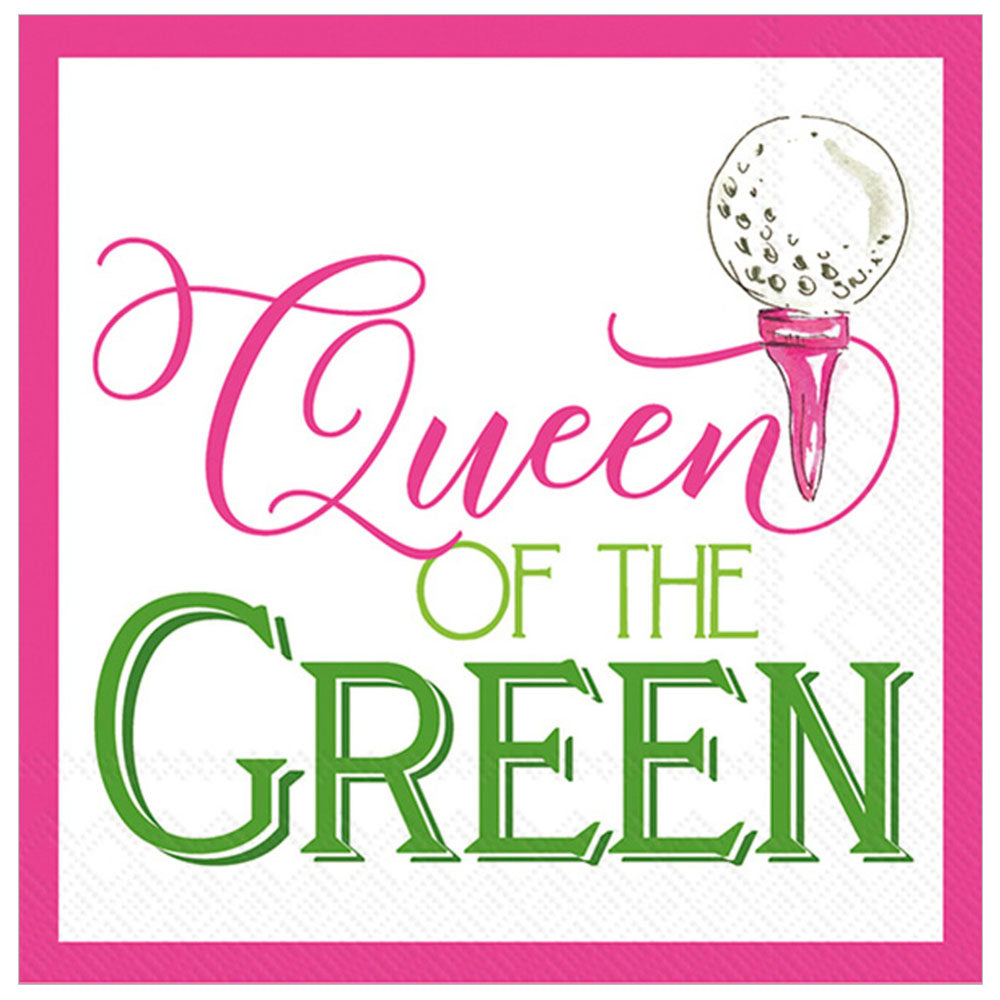 Queen of the Green” cocktail napkins (20 ct) with pink & green trim — perfect for par-tee queens with a strong sip game.