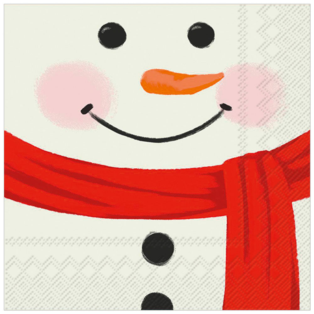 Smiling snowman face on 3 ply cocktail napkins—20 pack bringing frosty fun and spill saving style to your winter festivities.