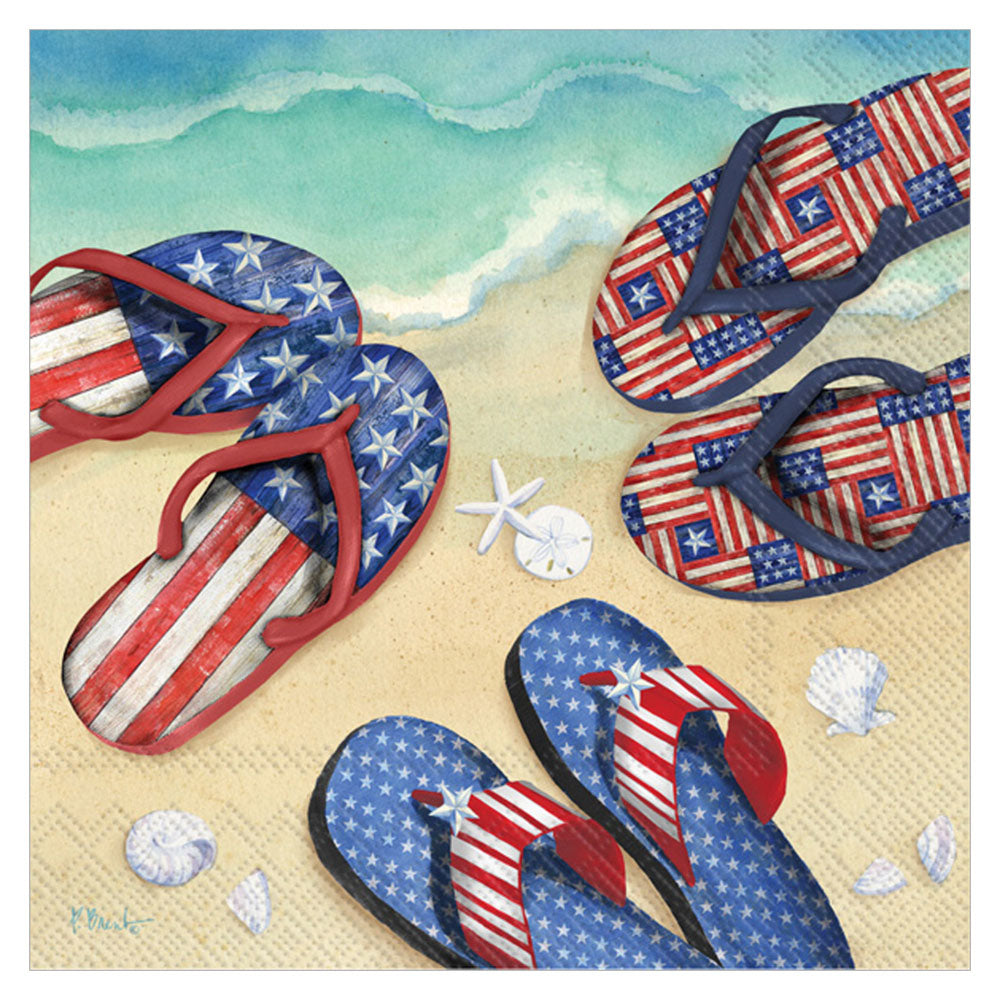 USA Flip Flops cocktail napkins — American flag patterned flip flops design, 20 count, 3‑ply