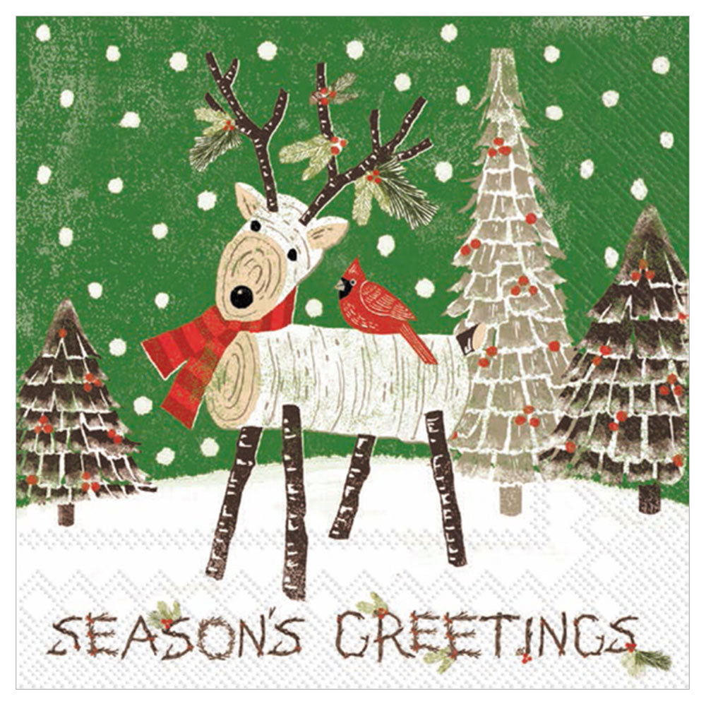 Wooden reindeer in snowy forest on festive napkins – cozy 20 pack for holiday cocktails, cabin hangs, and fireside toasts.