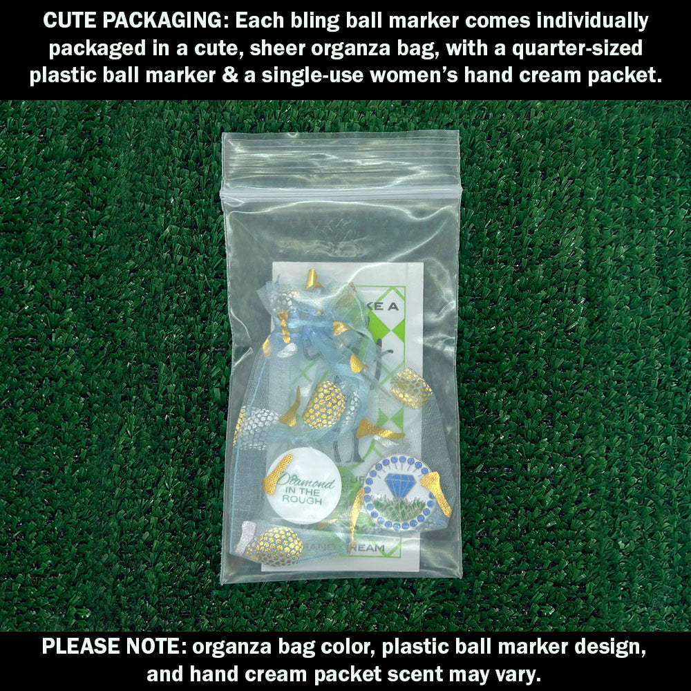 Each golf ball marker comes cutely packaged in an organza bag, with a plastic ball marker and a lady’s hand cream packet.