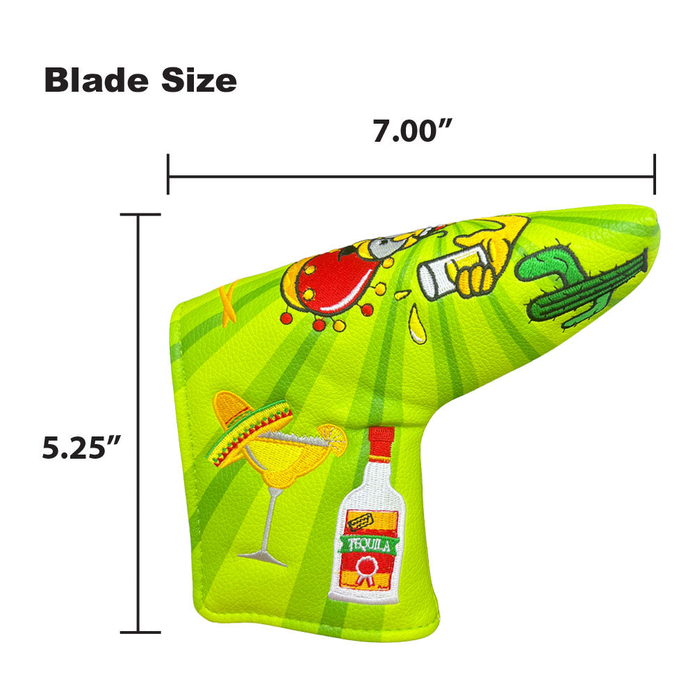 Golf club head cover with colorful design and measurements on a white background