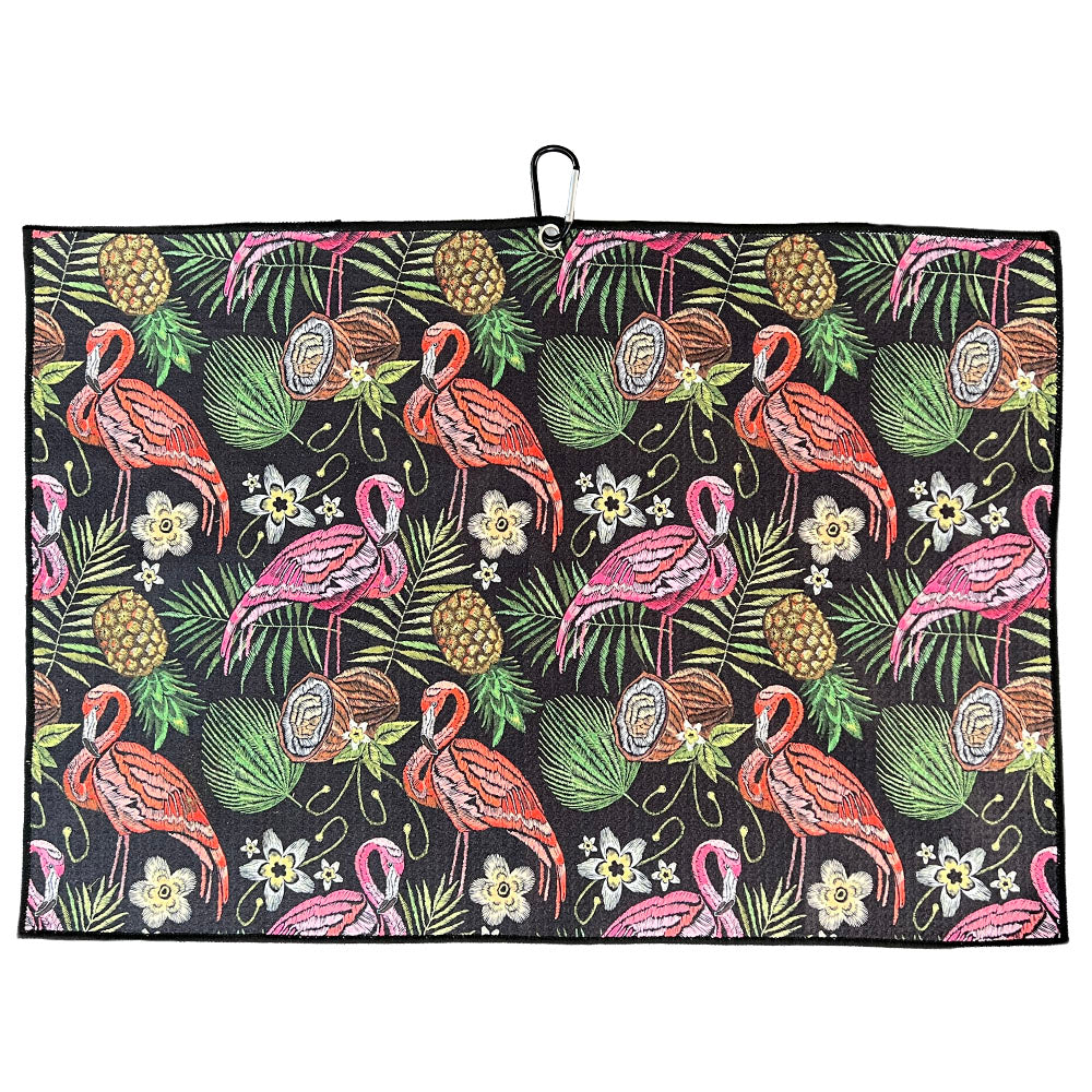 Golf towel with flamingo and tropical pattern on a black background