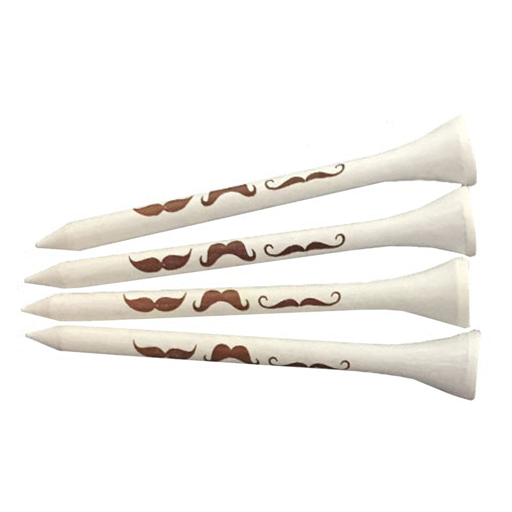 White wooden golf tees with brown mustache design, 2.75 inch bulk golf tees for tournaments and golf outing swag bags