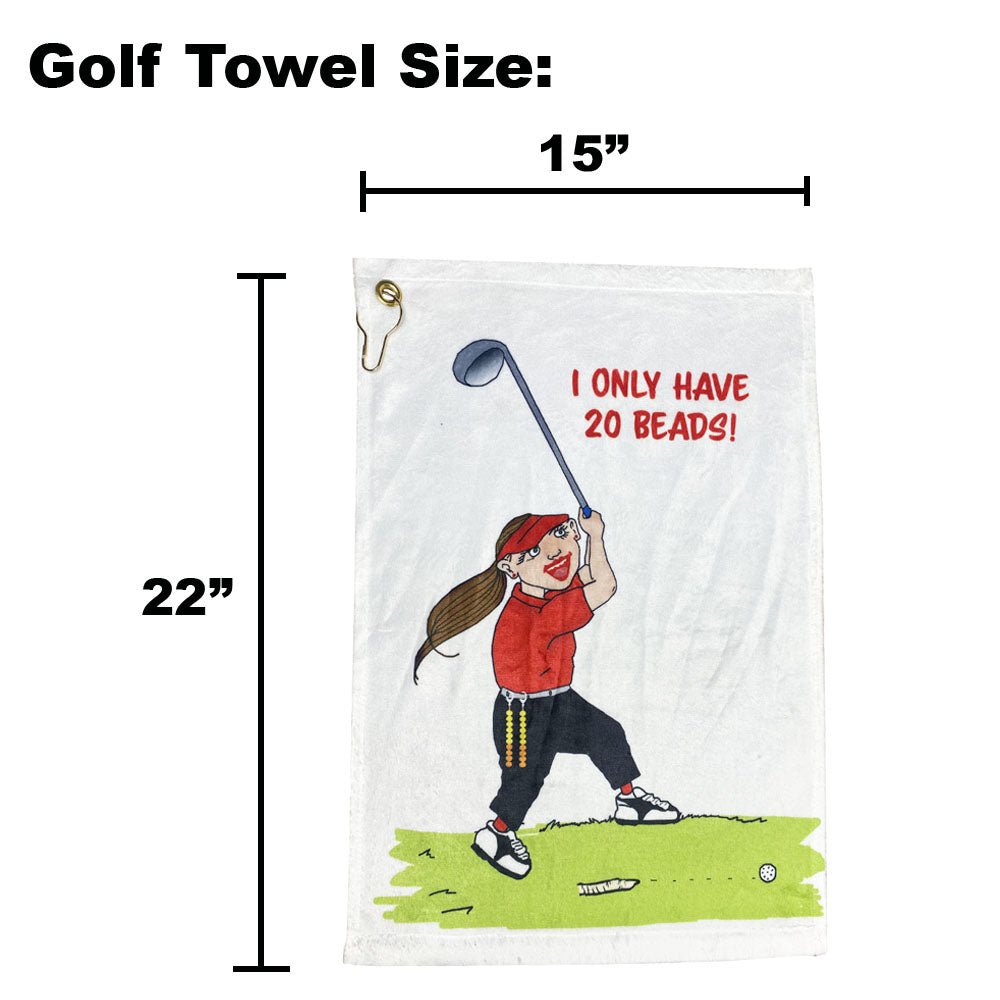 Golf towel with female golfer cartoon and text, shown with dimensions on a white background