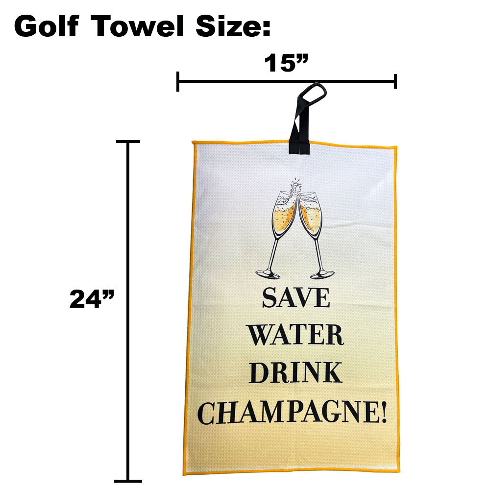 golf towel with champagne glasses design, on a white background, with dimensions