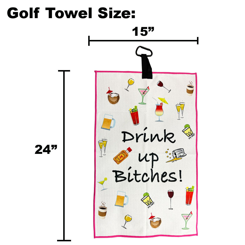 Golf towel with alcohol drinks on a white background with dimensions
