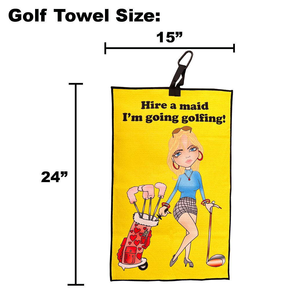 yellow golf towel with female golfer on white background with dimensions