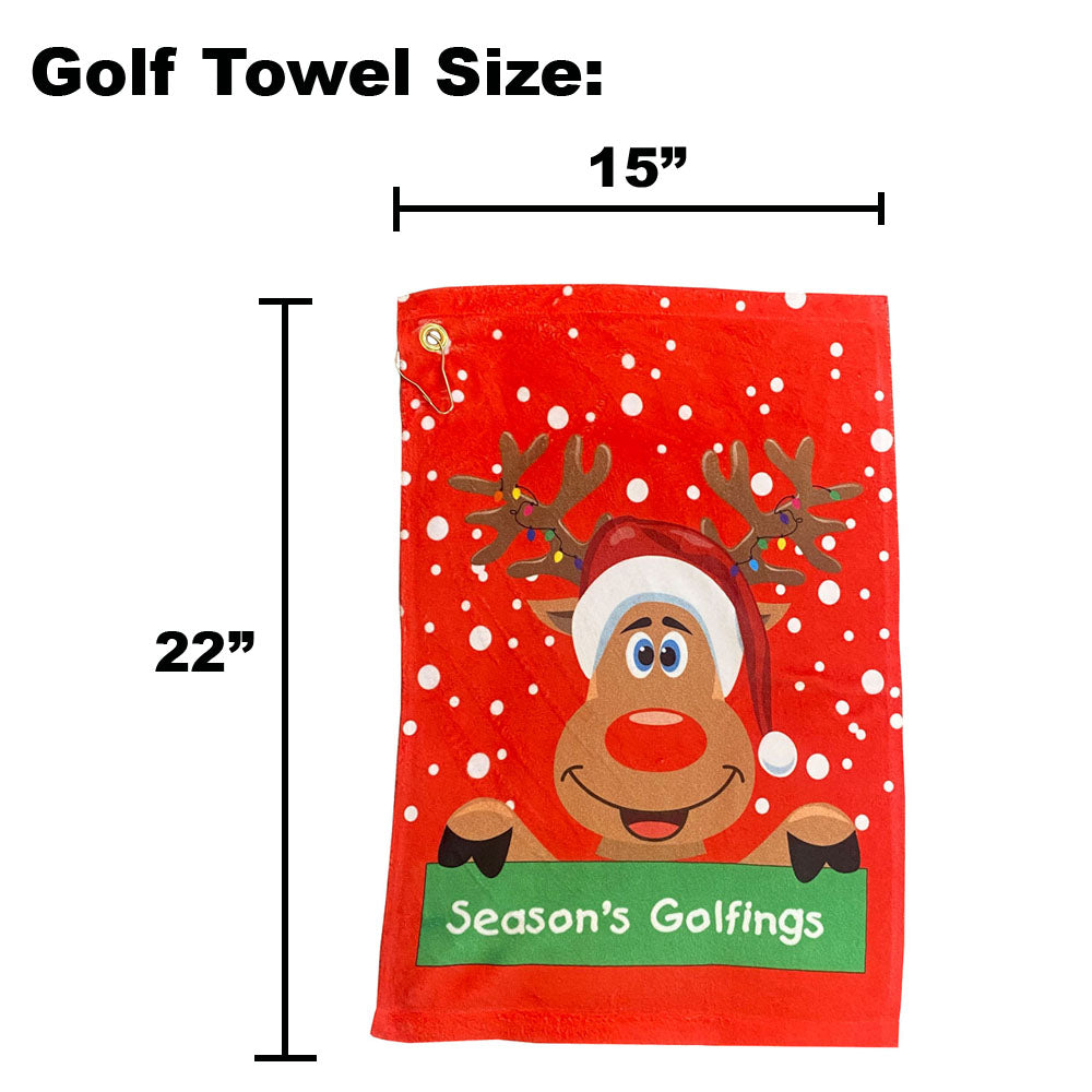 Golf towel with reindeer design and text 'Season's Golfings' with measurements on a white background