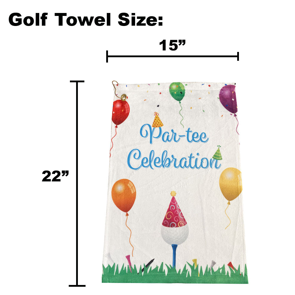 Golf towel with 'Par-tee Celebration' text and balloons, shown with dimensions.