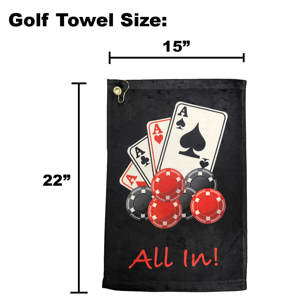 Golf towel with playing card and poker chip design, labeled 'All In!' and dimensions.
