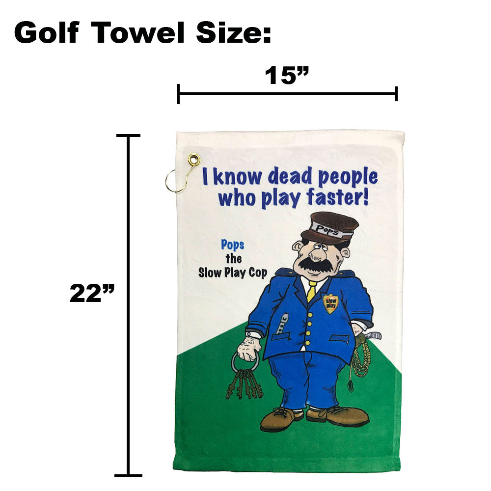 Golf towel with cartoon golfer and text on golf course, shown with dimensions on a white background