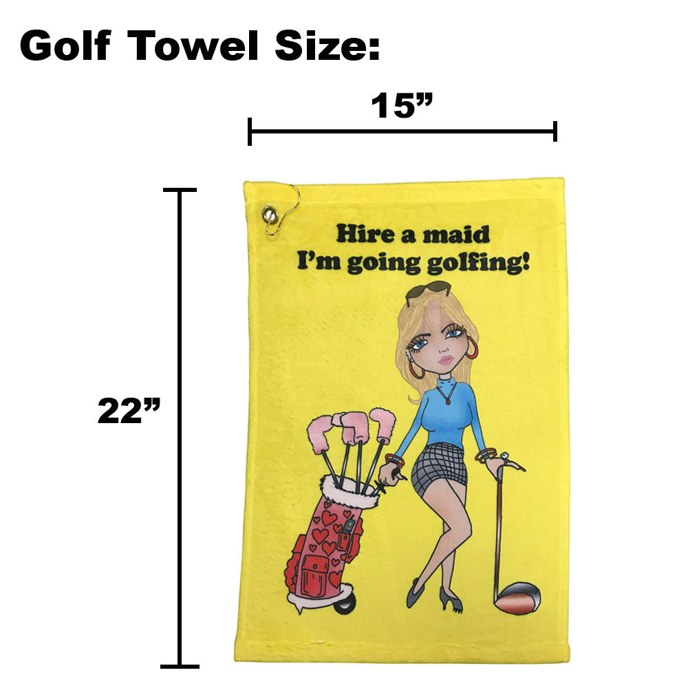 Golf towel with cartoon character and text, shown with dimensions on a white background