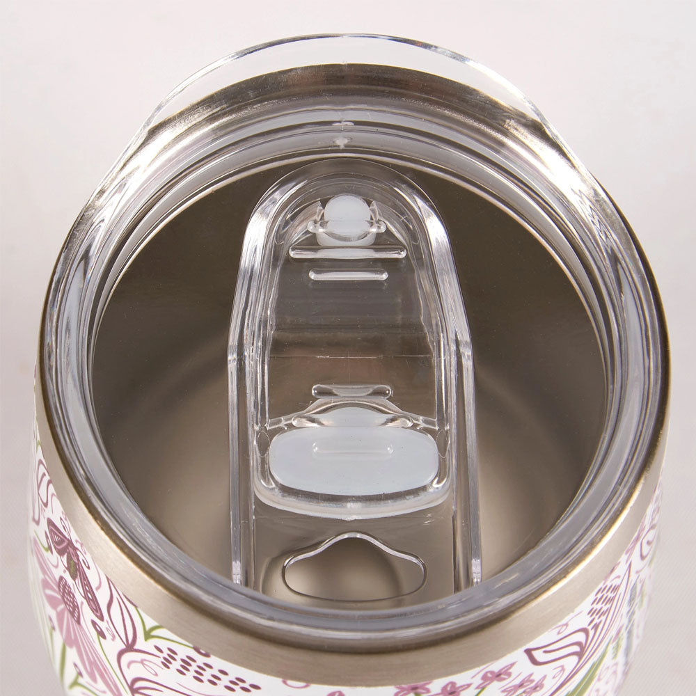 12 oz purple floral tumbler with lid that slides open and close.