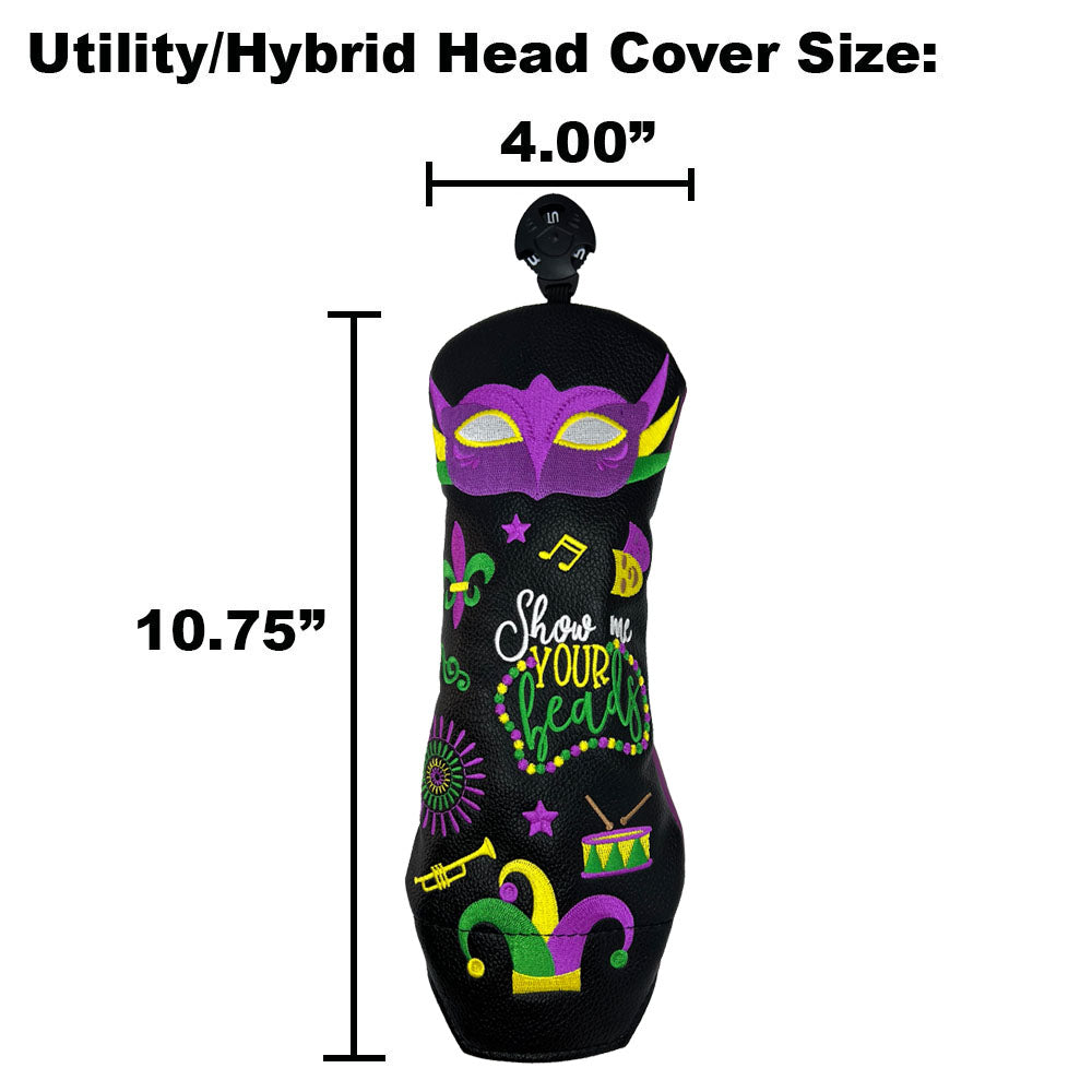 Colorful mardi gras hybrid head cover with measurements on a white background