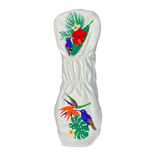 Giggle Golf Tropical Utility Head Cover, white hybrid head cover with colorful flowers, birds and palm leaves