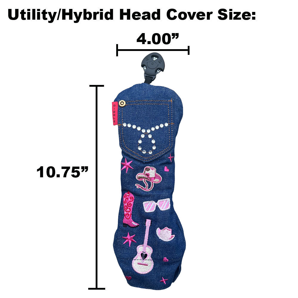 Denim head cover with pink & white designs and measurements on a white background
