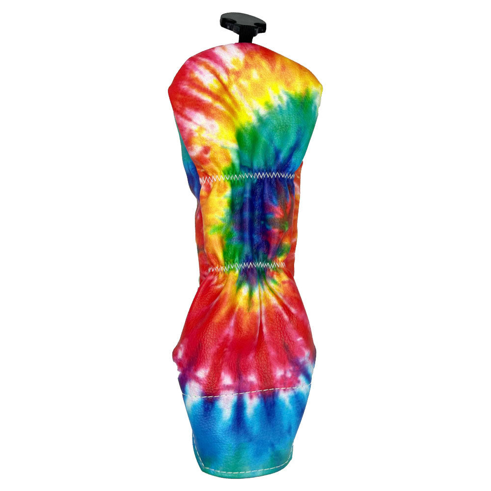 Golf hybrid head cover with tie-dye designon a white background