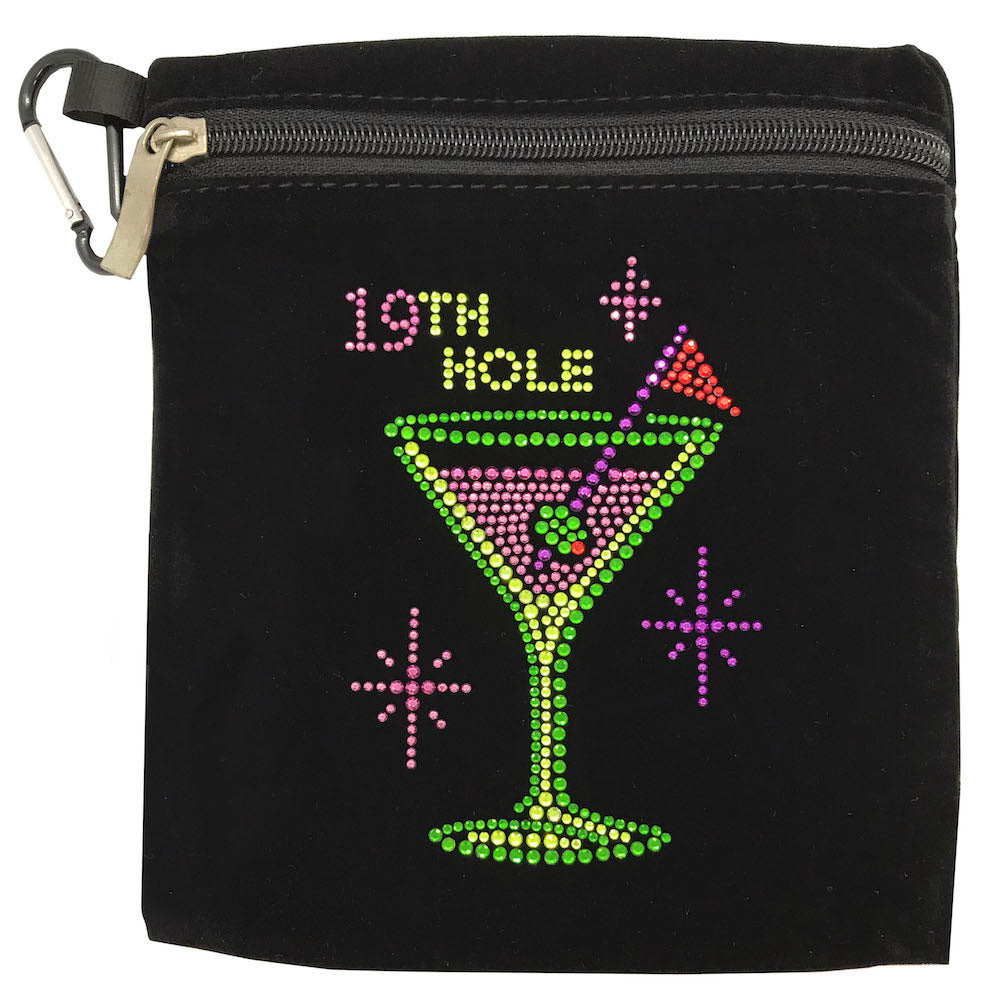 Rhinestone “19th Hole” golf pouch, black velvet, clipped to golf bag