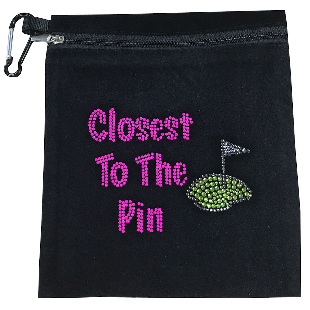 Black velvet “Closest to the Pin” bling golf accessory pouch clipped to golf bag