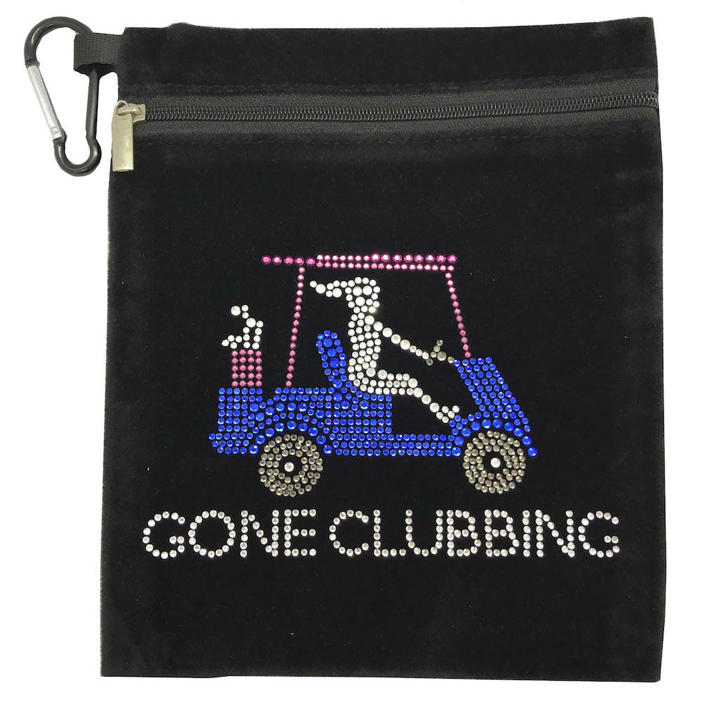Sparkly ‘Gone Clubbing’ golf accessory pouch, clipped to golf bag