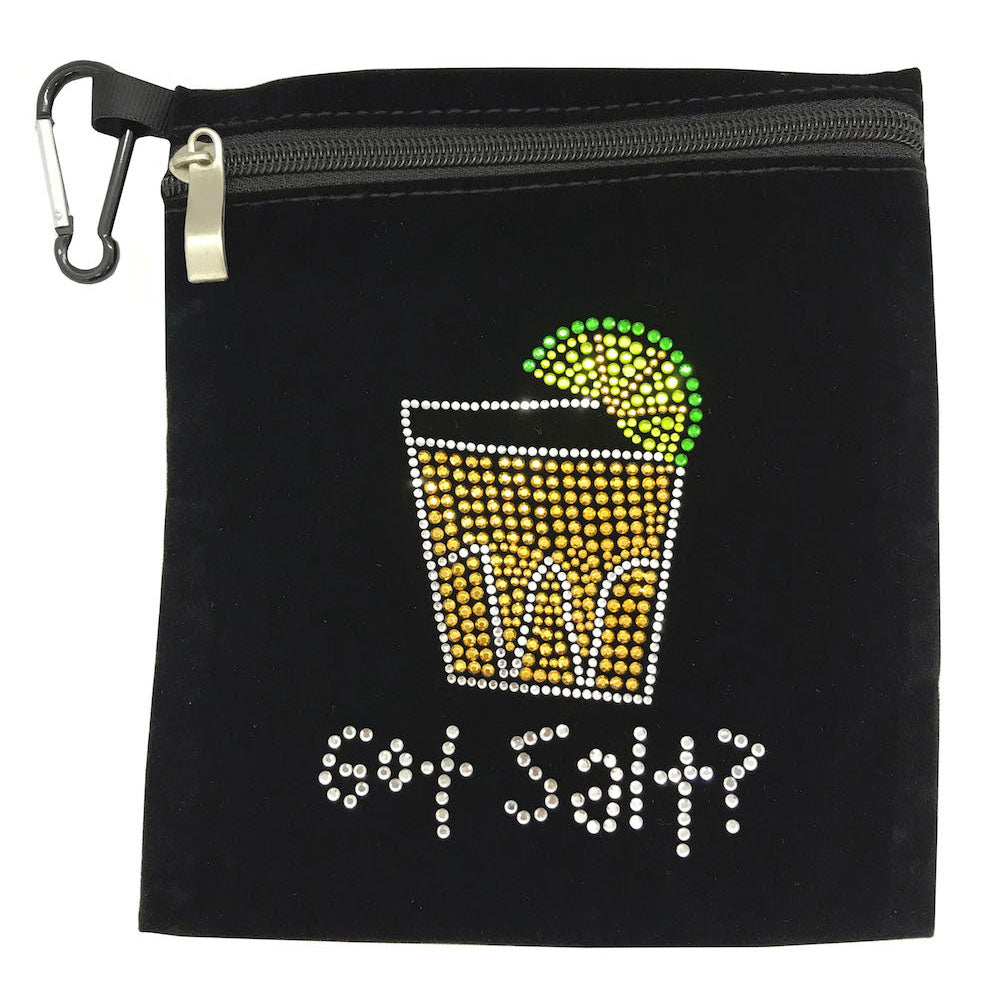 Black velvet with rhinestones ‘Got Salt?’ bling golf accessory pouch clipped to golf bag