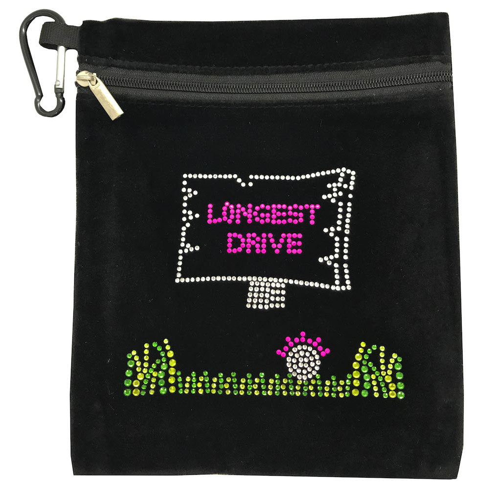 Black velvet “Longest Drive” bling golf accessory pouch clipped to golf bag”