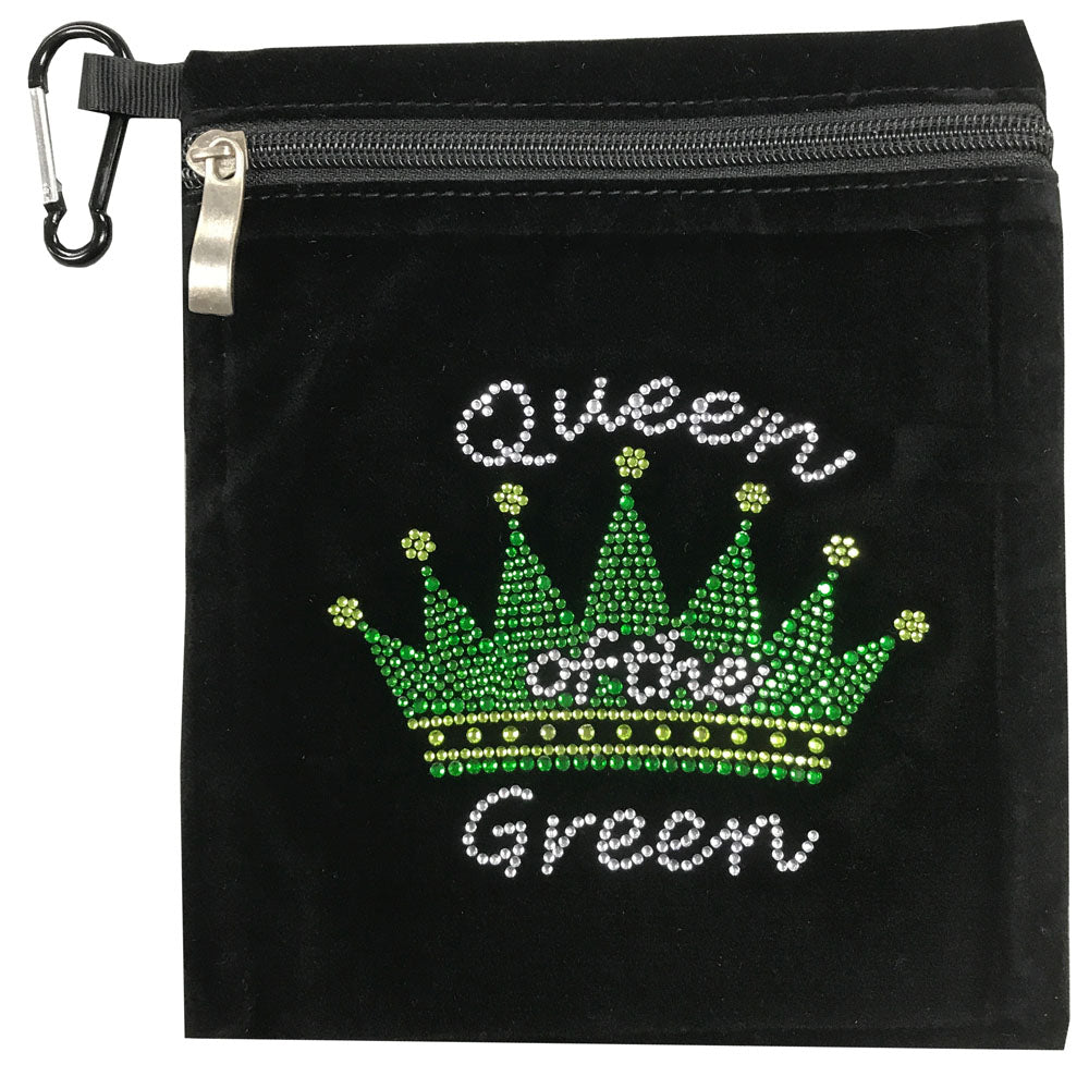 Queen of the Green bling golf accessory bag — velvet clip‑on pouch with rhinestone ‘Queen’ text