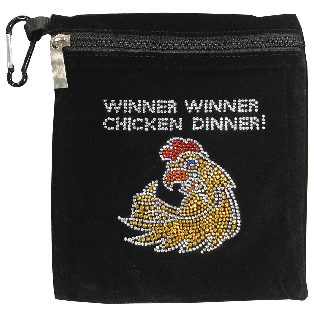 Winner Winner Chicken Dinner” golf pouch with rhinestones, clipped to golf bag