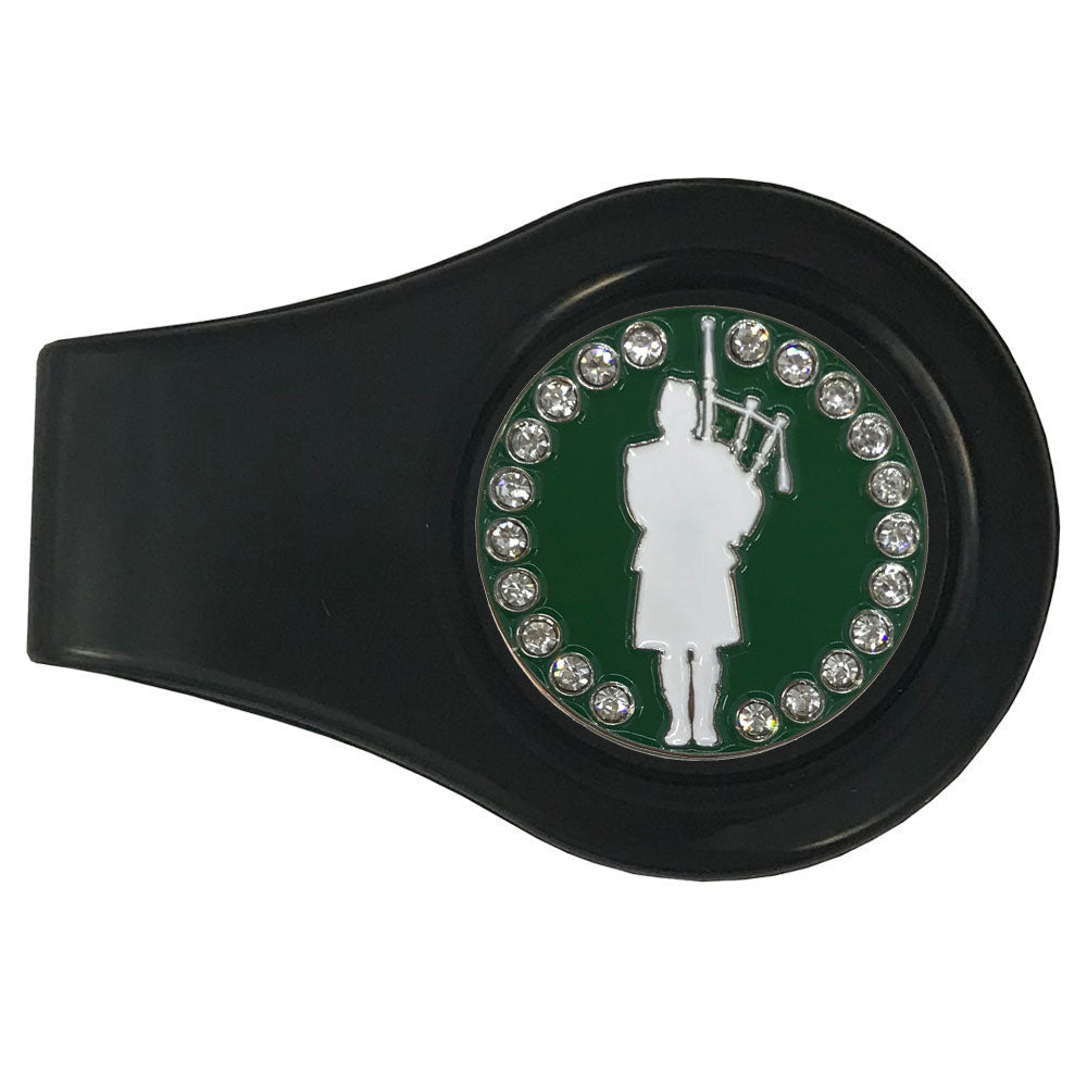 Bagpipe golf ball marker on a black clip. Green and white with rhinestone accents. Stylish design for women golfers