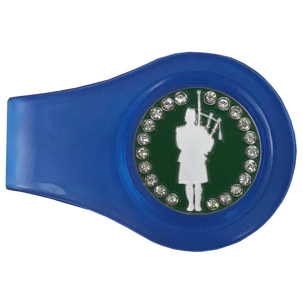 bling bagpiper golf ball marker on a magnetic blue clip