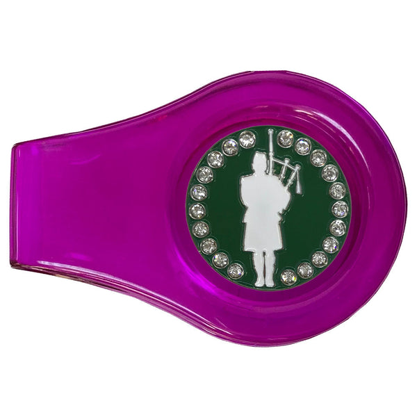 bling bagpiper golf ball marker on a magnetic purple clip