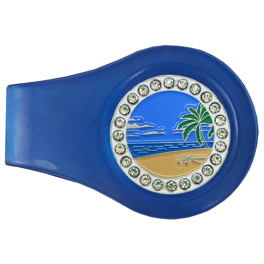 Enticing beach scene marker on a blue clip. Sand, ocean, palm tree, and rhinestone accents. Fun design for women golfers
