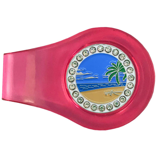 Beach Scene Golf Ball Marker With Pink Colored Clip