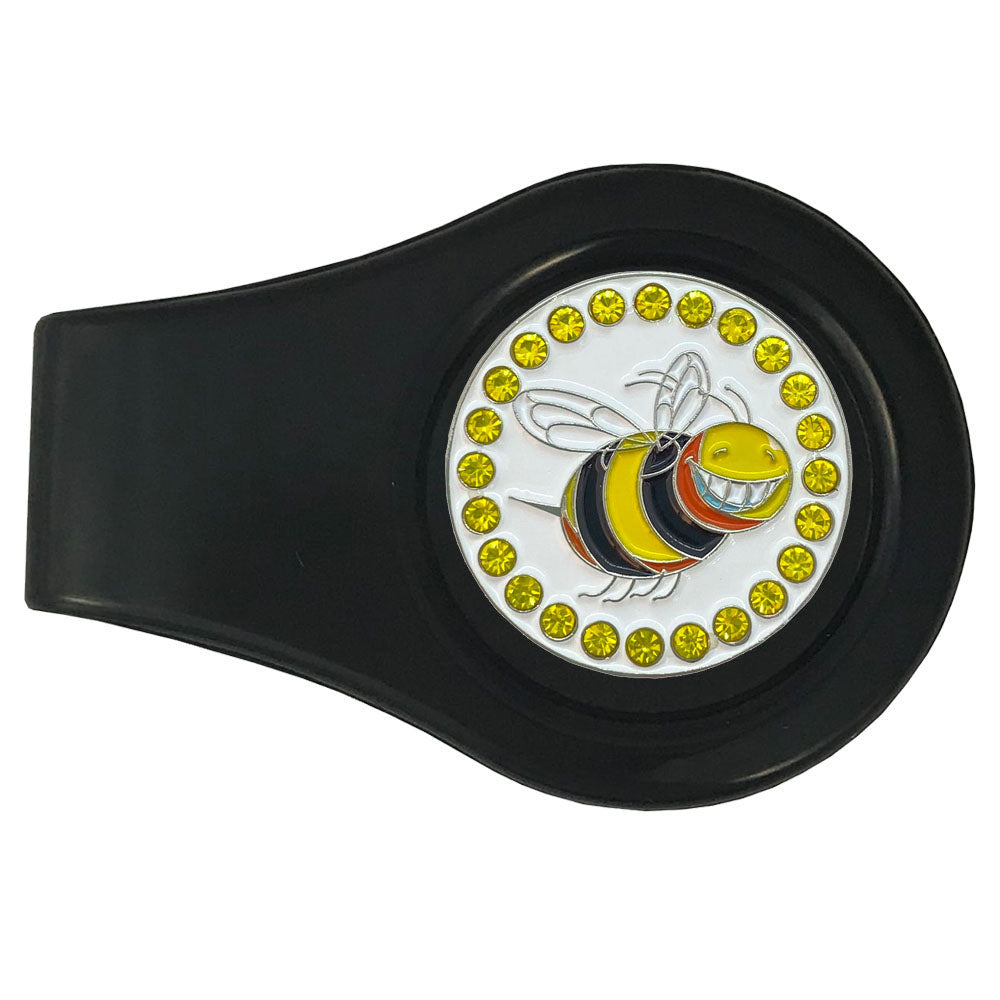 Smiling Bee golf ball marker on a black clip. Multicolored with bright yellow crystal accents. Fun design for female golfers