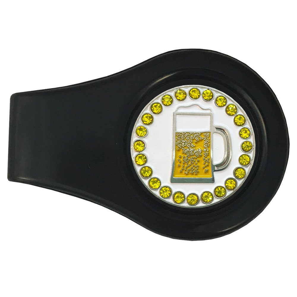 Beer golf ball marker on a black clip. Beer mug on a white background with bling accents. Sparkly design for women golfers.