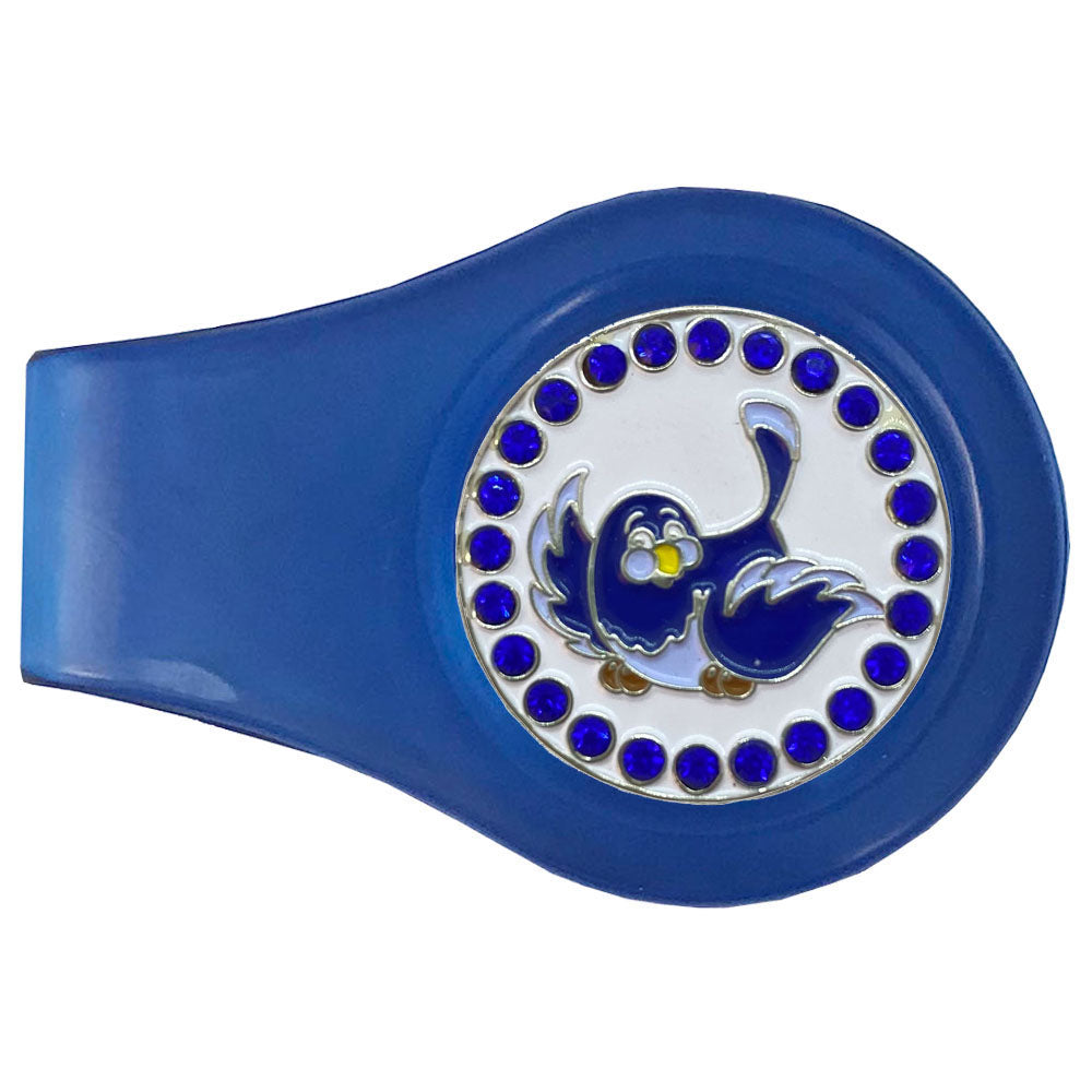 Blue Birdie golf ball marker on a blue clip with beautiful blue crystals on a white base. Cute design for women golfers.