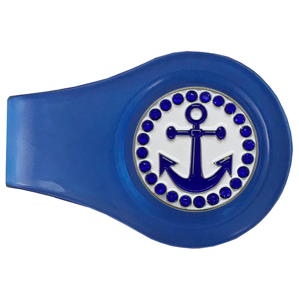 Blue Anchor golf ball marker on a blue clip with beautiful blue crystals on a white base. Cute design for women golfers.